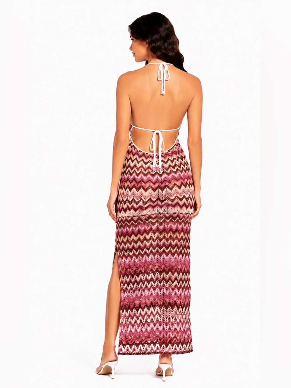 Open Knit Pink and White Chevron Pattern Halter Tie Maxi Dress - Picture 2 of 9